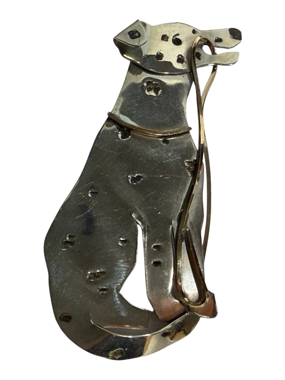 Floppy Ear Smiling Dog Holding Leash 3D Brooch Silver & Gold Tones
